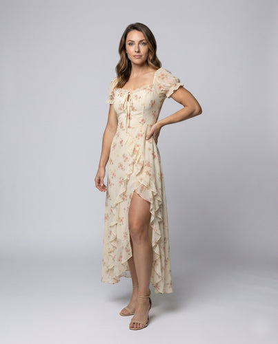 Damen Florale Puffärmel Chiffon Midikleid