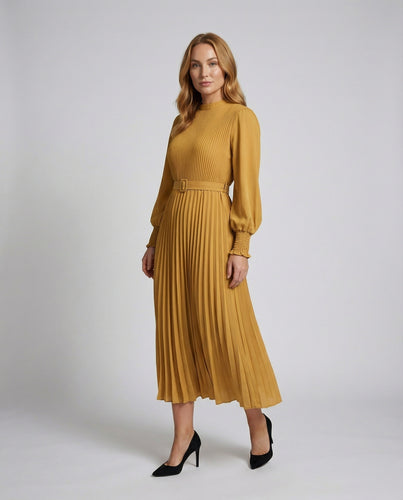 Damen Edle Smokbündchen Plissee Abend-Maxikleid