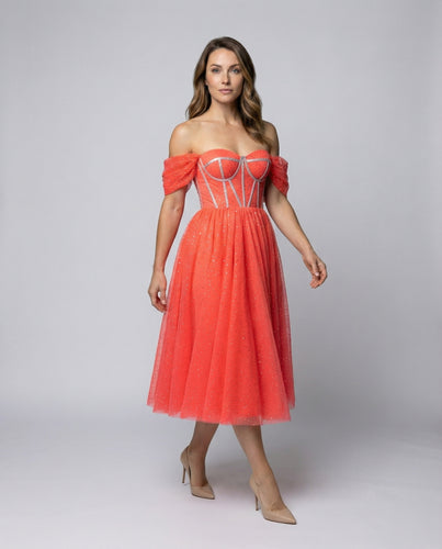 Damen Tüllkleid Teelänge Korsage Puffärmel