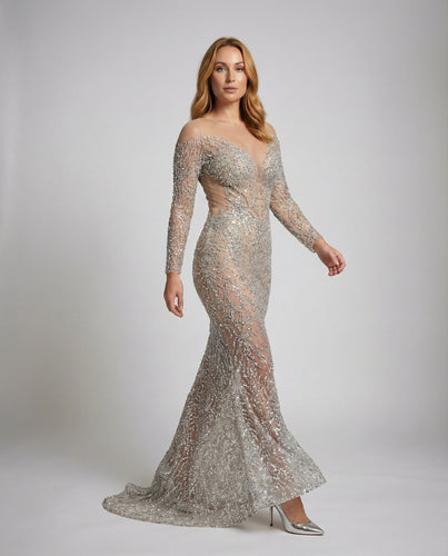 Damen Gala-Netzkleid Illusion Rundhals Stickerei