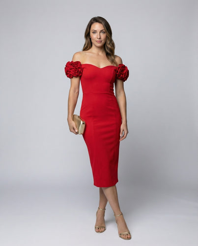 Damen Midi-Miederkleid Rosenärmel Tailliert