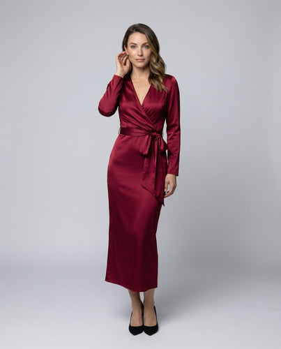 Damen Satin-Wickelkleid Taillenschleife Knöchellang