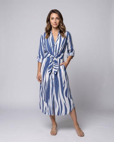 Damen Hemdblusen-Midikleid Gestreift Taillengürtel