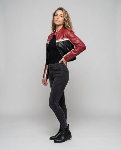 Damen Bikerjacke Cropped Rennsportstil Stehkragen