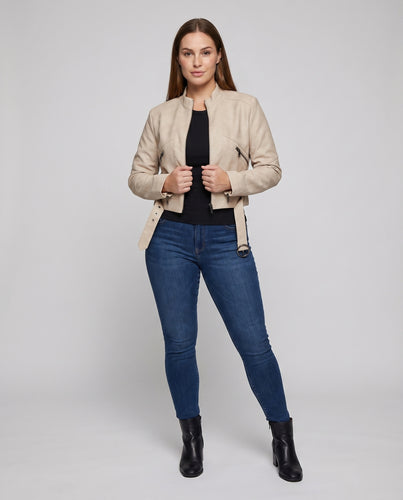 Damen Kurzblouson Stehkragen Ringdetail Taillenriemen