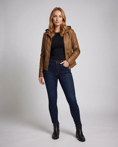 Damen Lederimitatjacke Tailliert Kapuze Teddyfutter