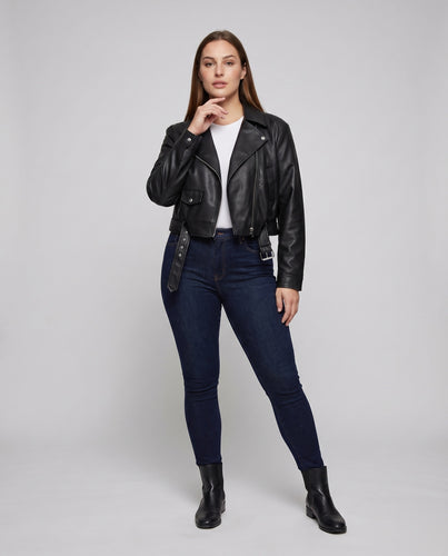 Damen Motorradblazer Vegan-Nappa Breites Revers Saumriegel