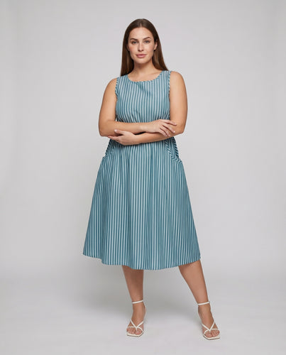 Damen Streifen-Midikleid Tunnelzug-Taille Seitentaschen Ärmellos