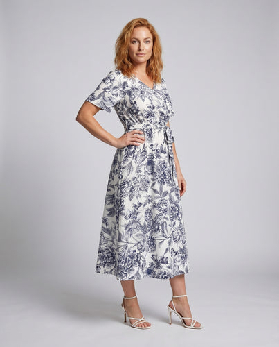 Damen Midaxi-Kleid Toile-Print Überkreuztes Mieder Tellerrock