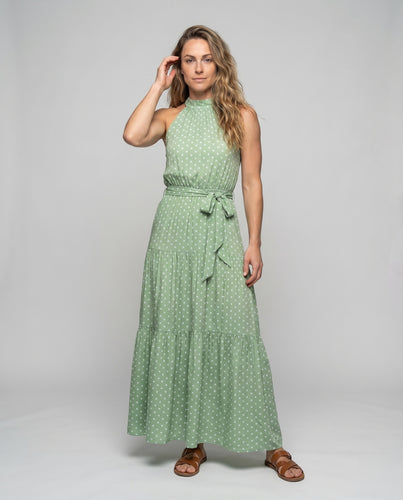 Damen Gepunktetes Maxikleid Gerafftes Halsteil Stufenvolantrock