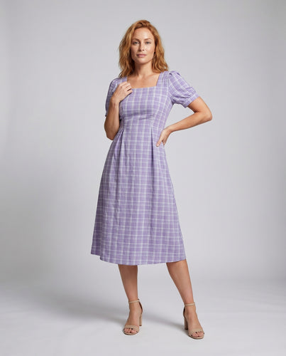 Damen Kariertes Midikleid Taillierte A-Linie Puffärmel Passform