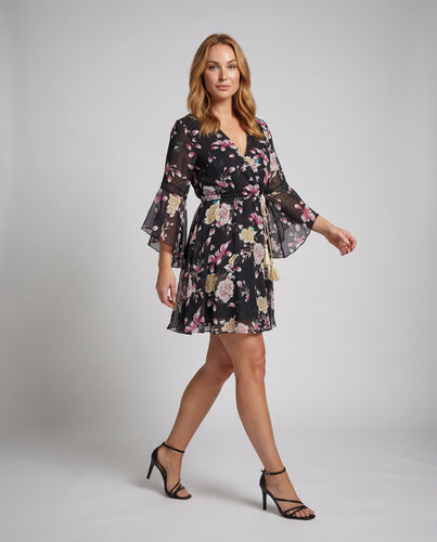 Damen Chiffon-Volantkleid Glockenärmel Quasten-Taillenband V-Ausschnitt