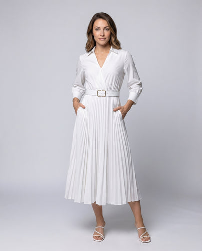 Damen Plissiertes Hemdkleid Taillengürtel Manschettenärmel