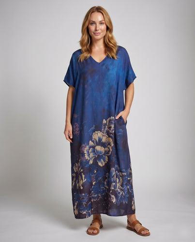 Damen Satin-Kaftan V-Ausschnitt Metall-Optik Seitenschlitze