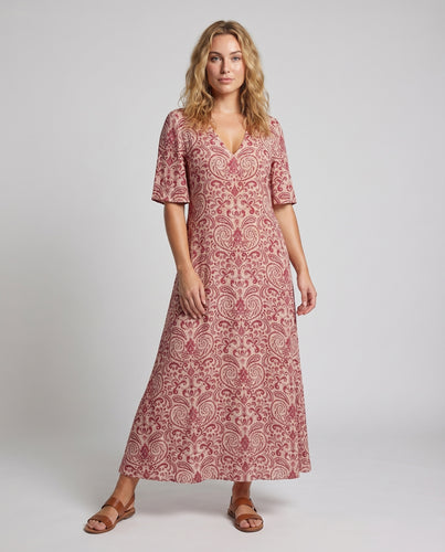 Damen Paisley-Maxikleid V-Ausschnitt Kurzärmel A-Linie