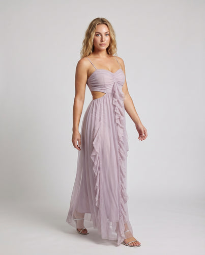 Damen Tüllmaxikleid Bustieroberteil Cut-Outs Rüschen