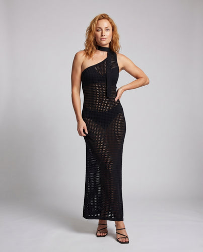 Damen asymmetrisches Häkel-Maxikleid mit eleganter Choker-Detail