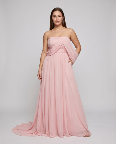 Damen Chiffon Maxikleid Corsagenoberteil Beinschlitz Schulterfrei