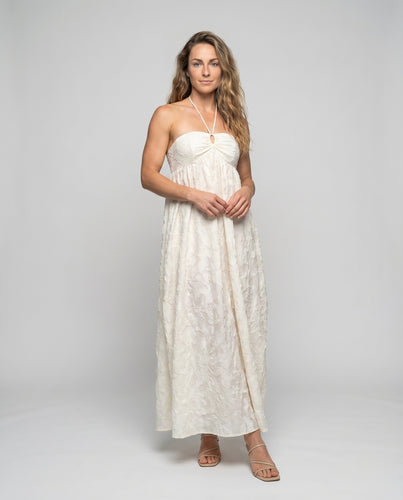 Damen Sommer-Maxikleid Korsage Schlüsselloch Blumen-Relief Trägerlos