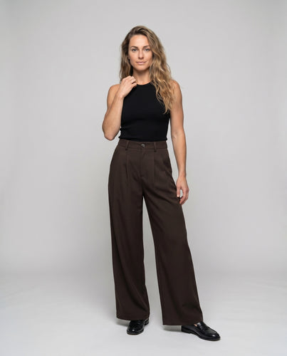 Damen elegante weite Stoffhose mit hohen Bund und praktischen Taschen