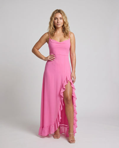 Damen Lange Rüschenkleid mit tiefem Schlitz und verführerischem Ausschnitt EB