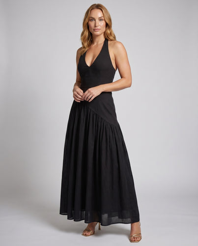 Damen Maxikleid mit tiefem V-Ausschnitt und asymmetrischem Rock von EB