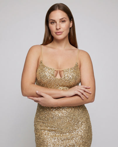 Damen Glitzerndes Cocktailkleid mit schmalem Schnitt und verführerischem Ausschnitt EB