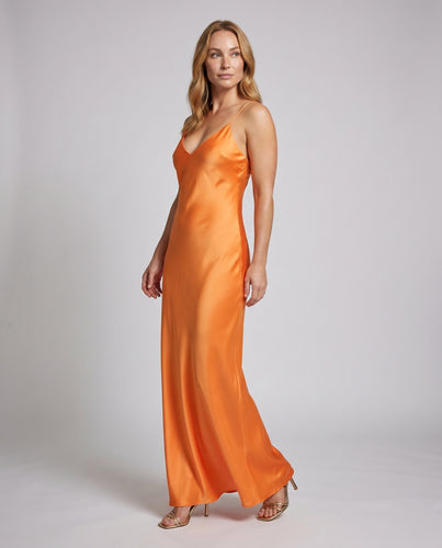 Damen Satin-Maxikleid mit verführerischem V-Ausschnitt und schmalen Spaghettiträgern EB