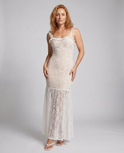 Damen Spitzenmaxikleid mit transparenten Einsätzen und Rüschendetails EB