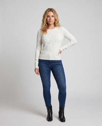 Damen nan elegantes Strukturstrick-Langarmtop mit plastischer Stickapplikation