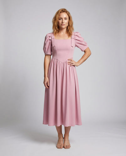 Damen Elegantes Midikleid mit Puffärmeln und seitlichen Schnallen EB