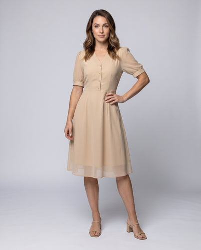 Damen Midikleid mit knöpfbarem V-Ausschnitt und voluminösen Ärmeln EB
