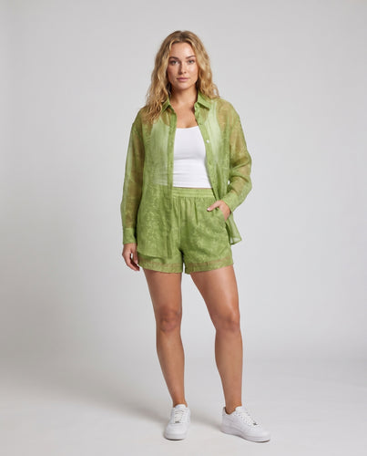 Damen Transparente Bluse mit passendem Shorts-Set und Rüschendetails EB