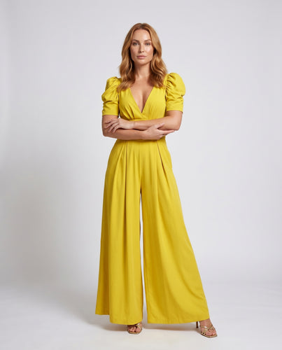 Damen Eleganter Jumpsuit mit tiefem V-Ausschnitt und voluminösen Ärmeln EB