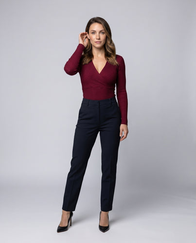 Damen Langarm-Rippbluse mit Wickeldesign EB