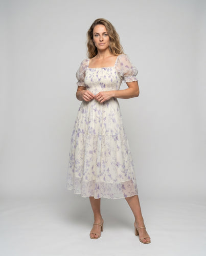 Damen elegantes Maxikleid mit floralen Puffärmeln und tailliertem Oberteil