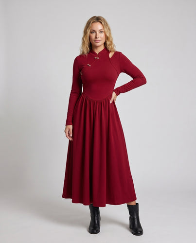 Damen Elegantes Maxikleid mit klassischem Kragen und modischen Knopfdetails