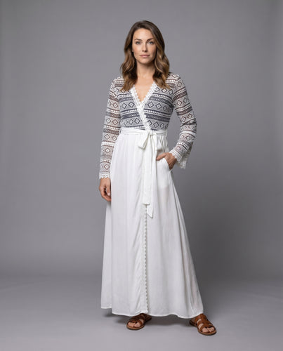 Damen Langärmliger Strandkimono mit kunstvollen Häkelverzierungen EB