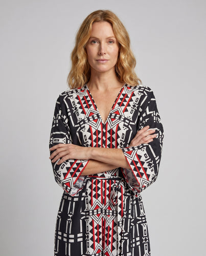 Damen Maxi-Kaftan mit einzigartigem geometrischen Muster und elegantem Hochschnitt EB