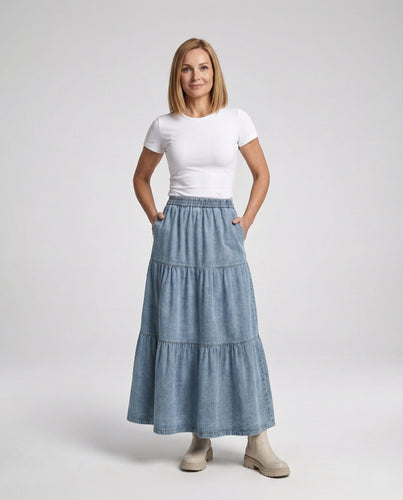 Maxirock Jeansstoff Damen Gestuft