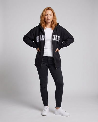 Damen oversized Kapuzenjacke mit durchgehendem Reißverschluss und sportlichem Schriftzug