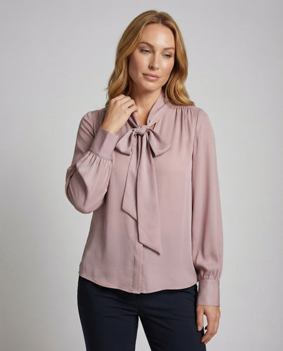 Damen Satinbluse mit Schleifenkragen und Manschettenärmeln