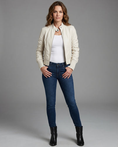 Damen Cropped Kunstlederjacke mit hochgeschlossenem Kragen und Reißverschluss