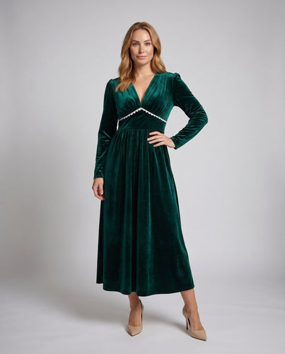 Damen elegantes velours Maxikleid mit eleganten Puffärmeln und Spitzenakzenten