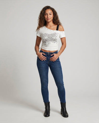 Damen Crop-Top mit asymmetrischem Trägerdesign und kreativem Druck