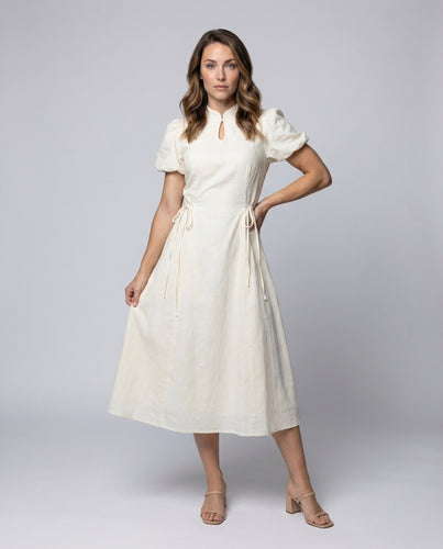 Damen Leinenoptik Maxikleid mit Puffärmeln
