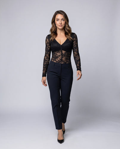 Damen Spitzen-Bodysuit mit tiefem V-Ausschnitt und elegantem Knopfverschluss