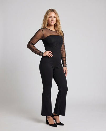 Damen Eleganter Jumpsuit mit transparenten Puffärmeln und figurschmeichelndem Schnitt EB
