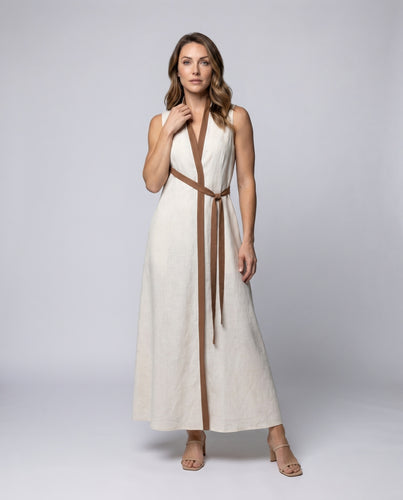 Damen Elegantes Maxikleid mit tiefem V-Ausschnitt und raffinierten Taillenbändern EB