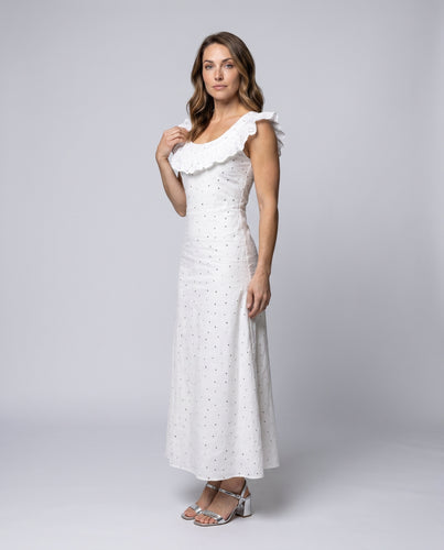 Damen elegantes Maxikleid mit Rüschenärmel und funkelnden Details